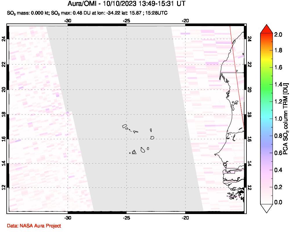 A sulfur dioxide image over Cape Verde Islands on Oct 10, 2023.