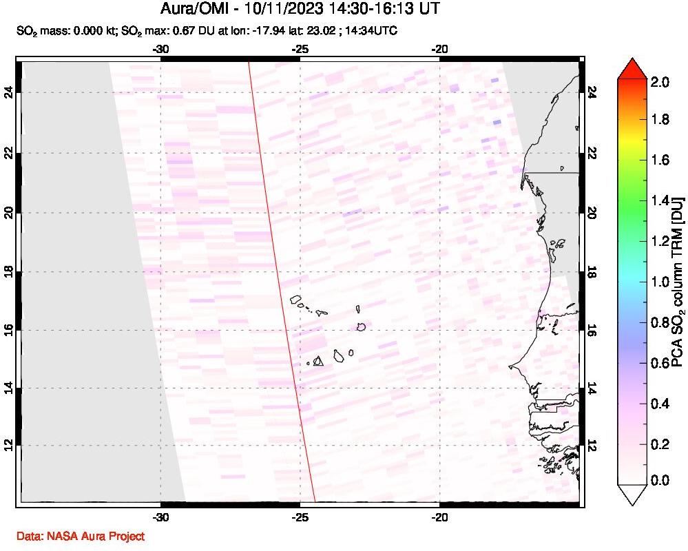 A sulfur dioxide image over Cape Verde Islands on Oct 11, 2023.