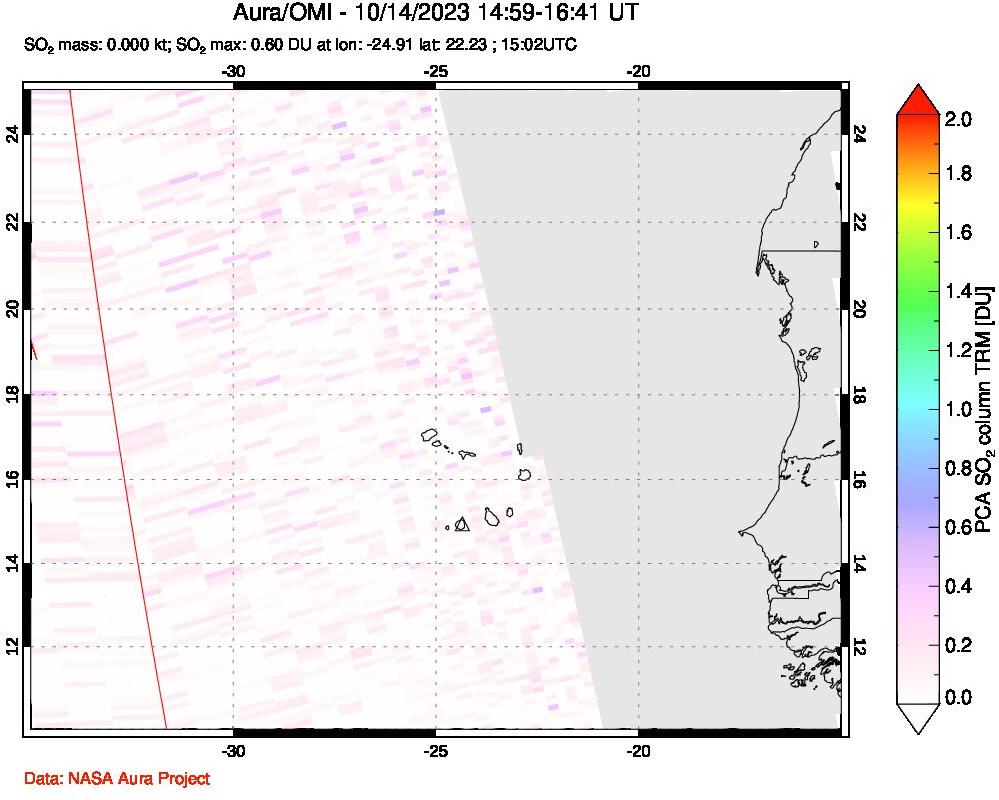 A sulfur dioxide image over Cape Verde Islands on Oct 14, 2023.