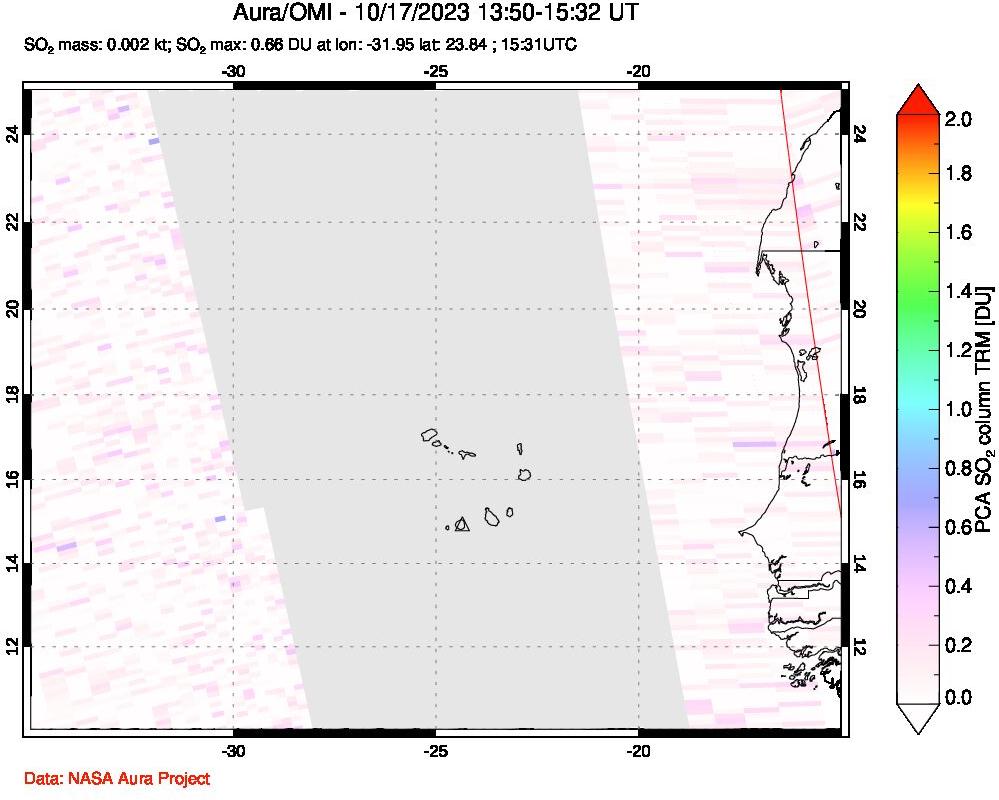 A sulfur dioxide image over Cape Verde Islands on Oct 17, 2023.