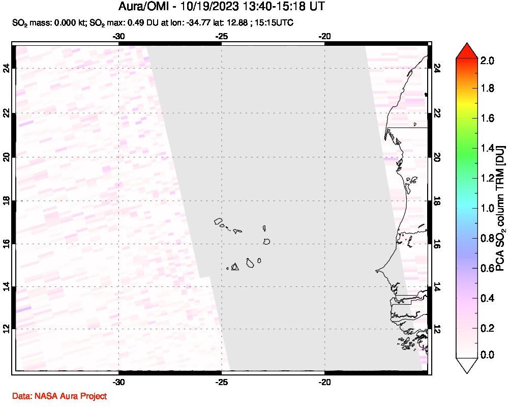 A sulfur dioxide image over Cape Verde Islands on Oct 19, 2023.