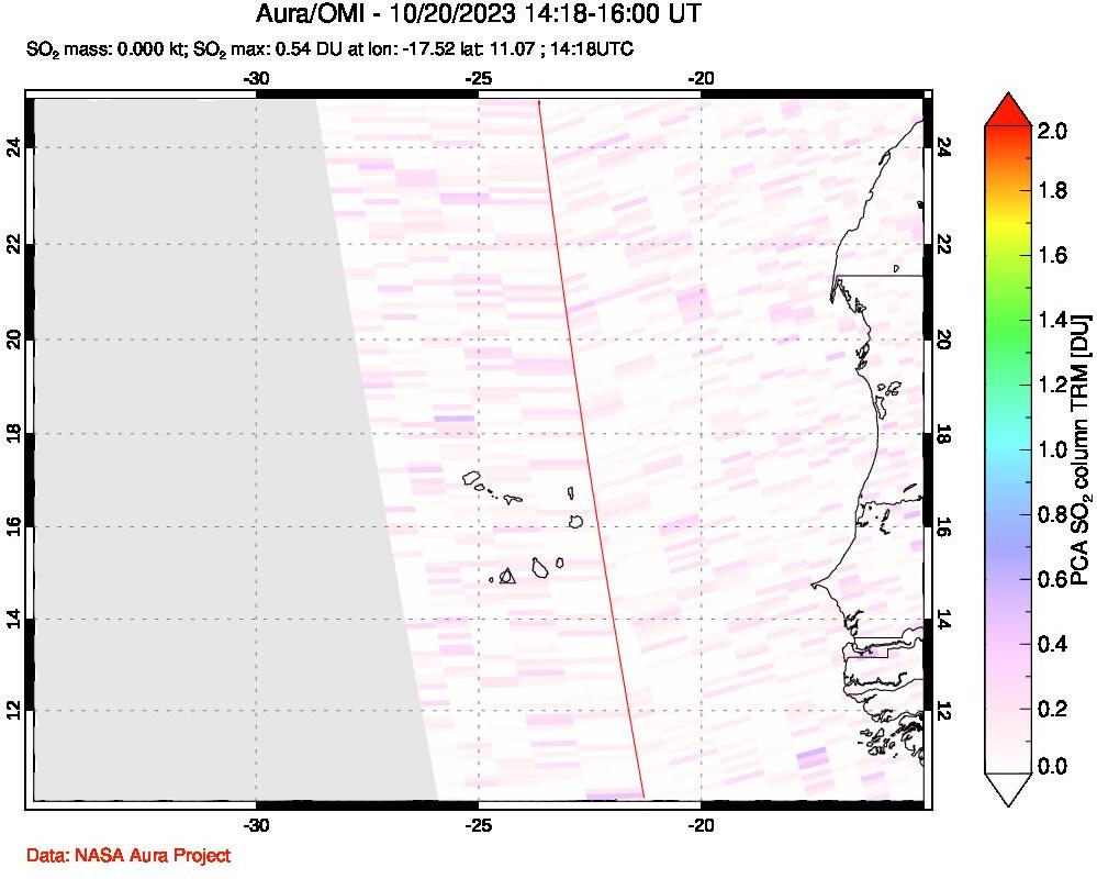 A sulfur dioxide image over Cape Verde Islands on Oct 20, 2023.