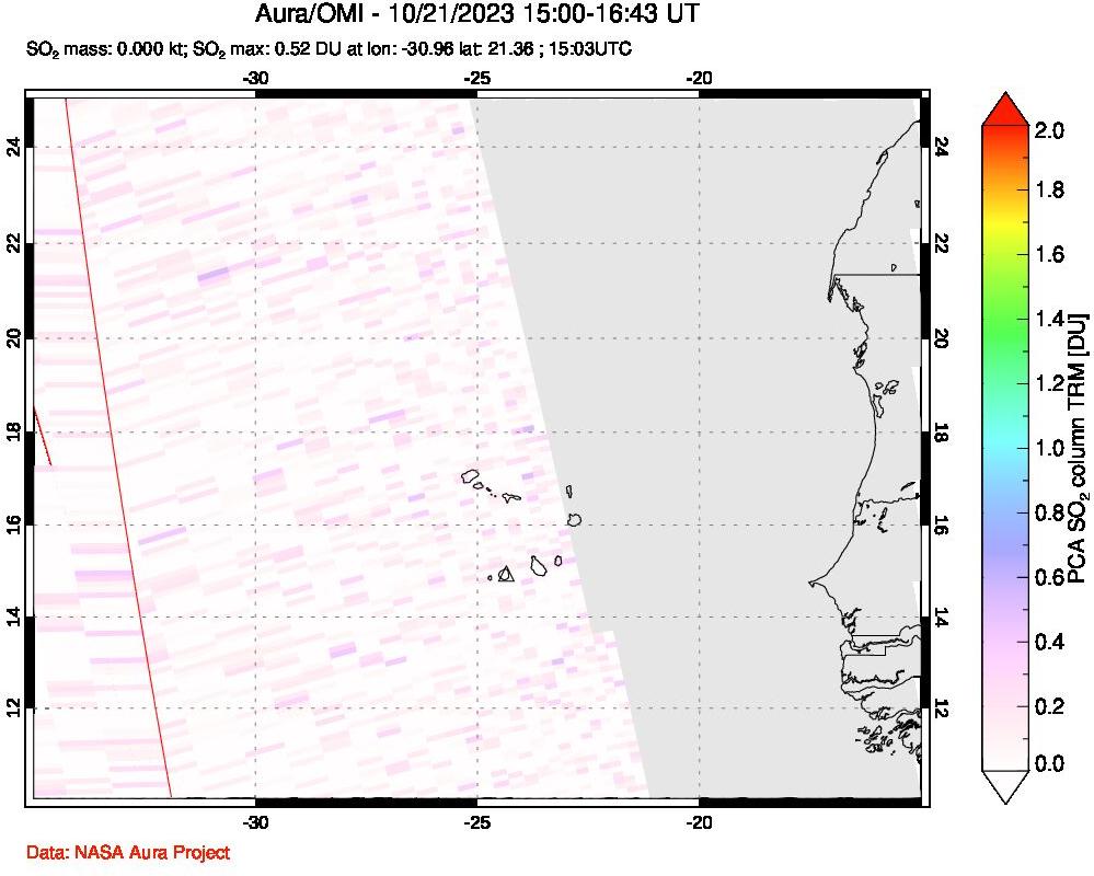 A sulfur dioxide image over Cape Verde Islands on Oct 21, 2023.