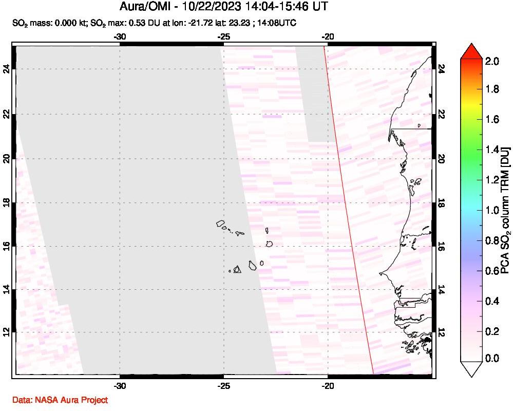 A sulfur dioxide image over Cape Verde Islands on Oct 22, 2023.