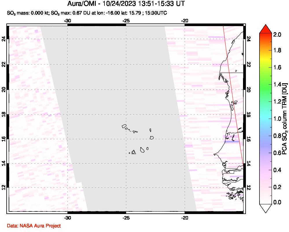 A sulfur dioxide image over Cape Verde Islands on Oct 24, 2023.