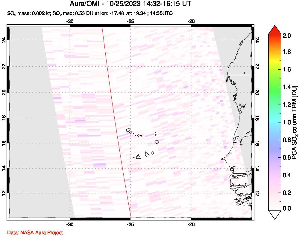 A sulfur dioxide image over Cape Verde Islands on Oct 25, 2023.