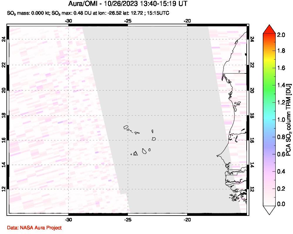 A sulfur dioxide image over Cape Verde Islands on Oct 26, 2023.