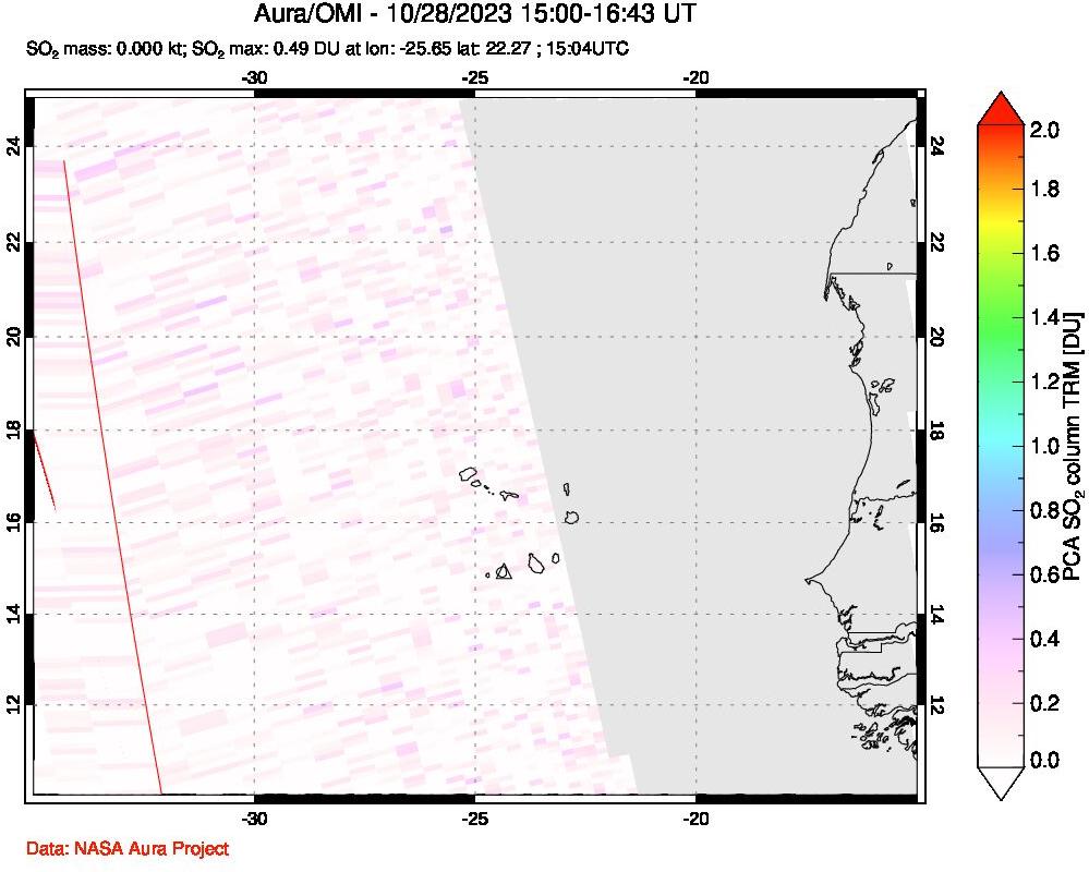 A sulfur dioxide image over Cape Verde Islands on Oct 28, 2023.