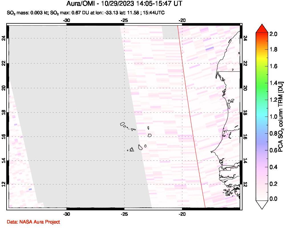 A sulfur dioxide image over Cape Verde Islands on Oct 29, 2023.