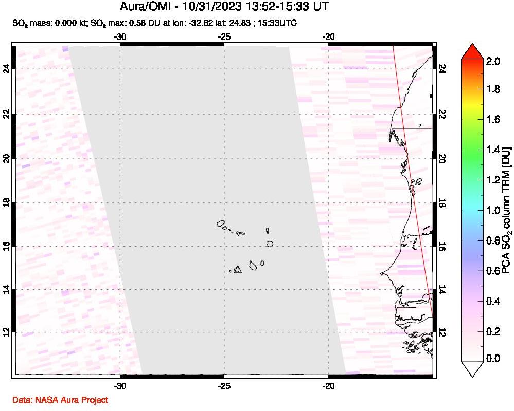 A sulfur dioxide image over Cape Verde Islands on Oct 31, 2023.