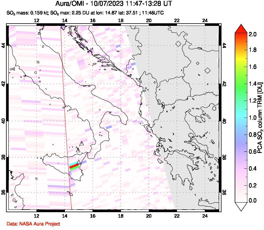 A sulfur dioxide image over Etna, Sicily, Italy on Oct 07, 2023.