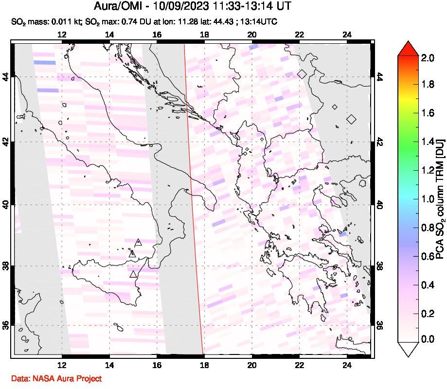 A sulfur dioxide image over Etna, Sicily, Italy on Oct 09, 2023.