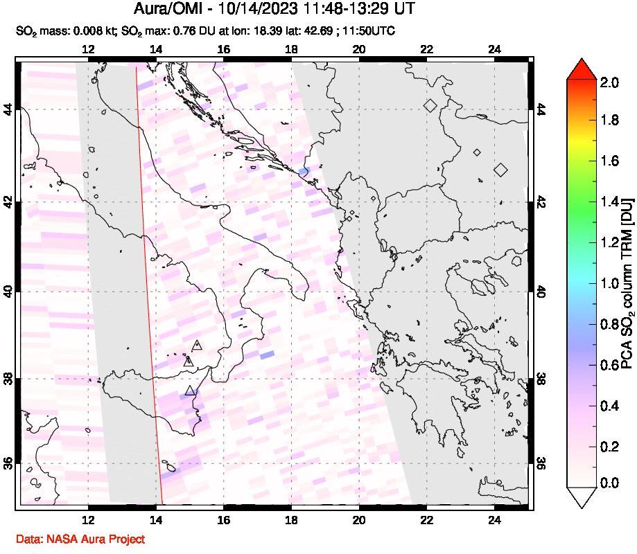 A sulfur dioxide image over Etna, Sicily, Italy on Oct 14, 2023.