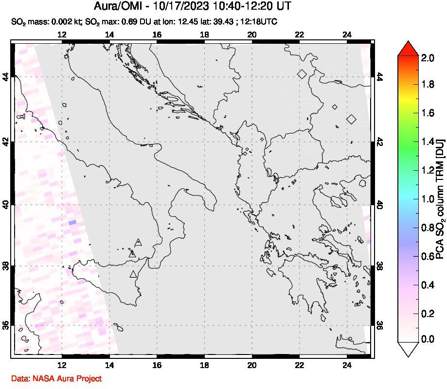 A sulfur dioxide image over Etna, Sicily, Italy on Oct 17, 2023.