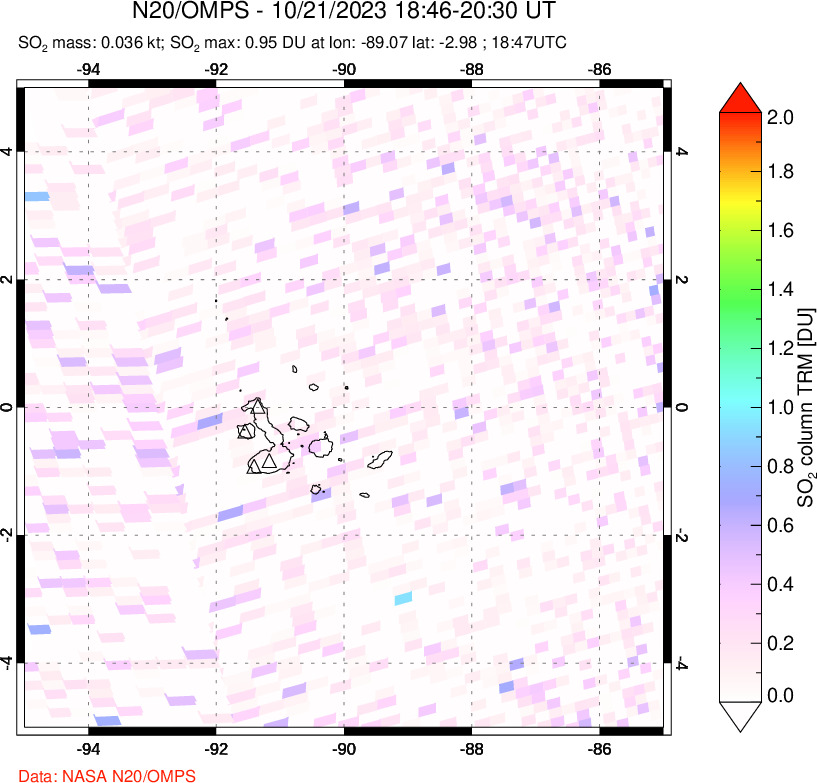 A sulfur dioxide image over Galápagos Islands on Oct 21, 2023.