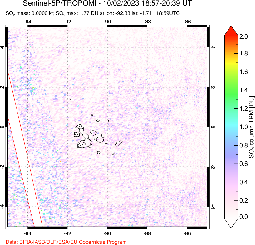 A sulfur dioxide image over Galápagos Islands on Oct 02, 2023.