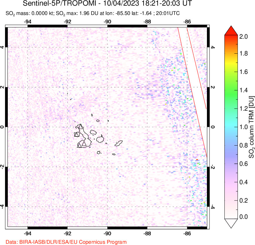A sulfur dioxide image over Galápagos Islands on Oct 04, 2023.