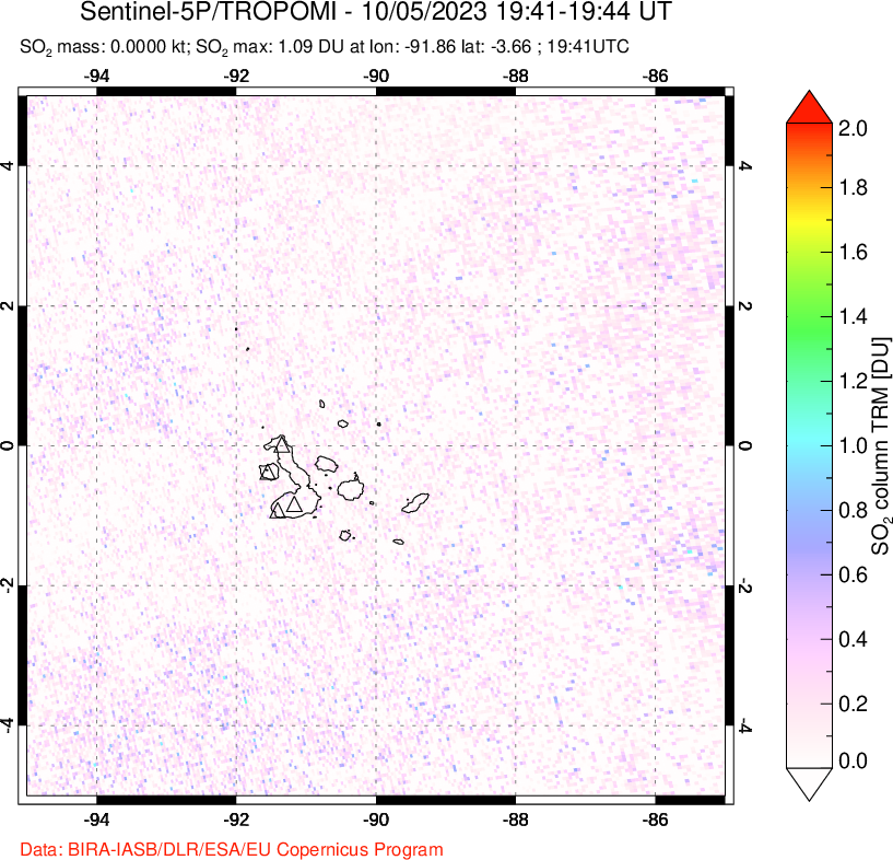 A sulfur dioxide image over Galápagos Islands on Oct 05, 2023.
