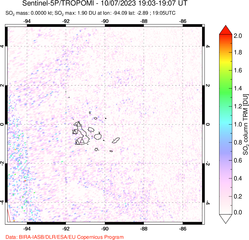 A sulfur dioxide image over Galápagos Islands on Oct 07, 2023.