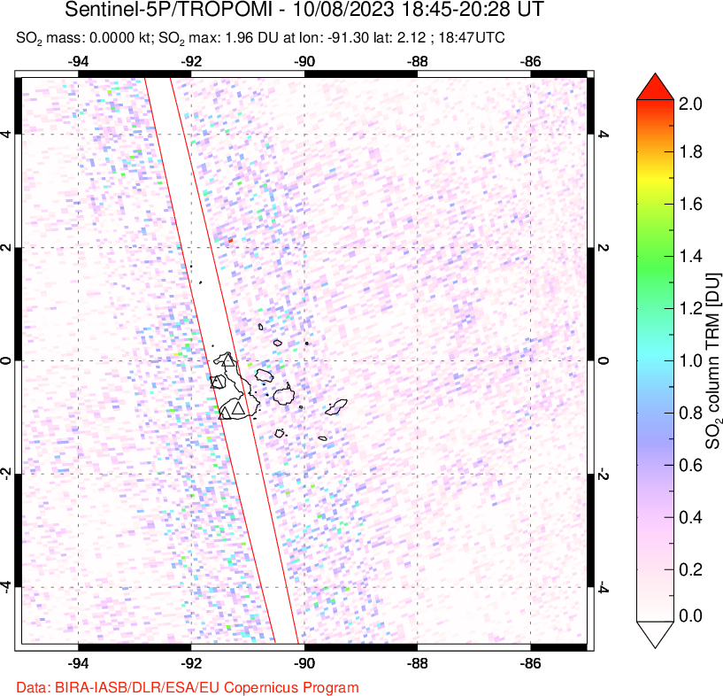 A sulfur dioxide image over Galápagos Islands on Oct 08, 2023.