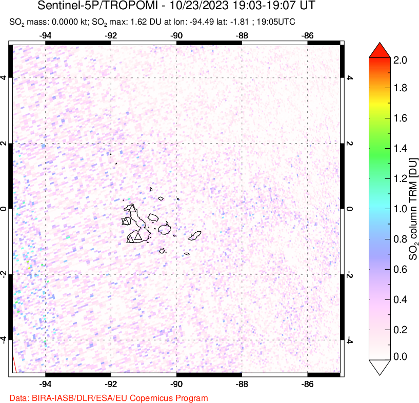 A sulfur dioxide image over Galápagos Islands on Oct 23, 2023.