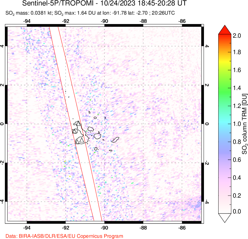 A sulfur dioxide image over Galápagos Islands on Oct 24, 2023.