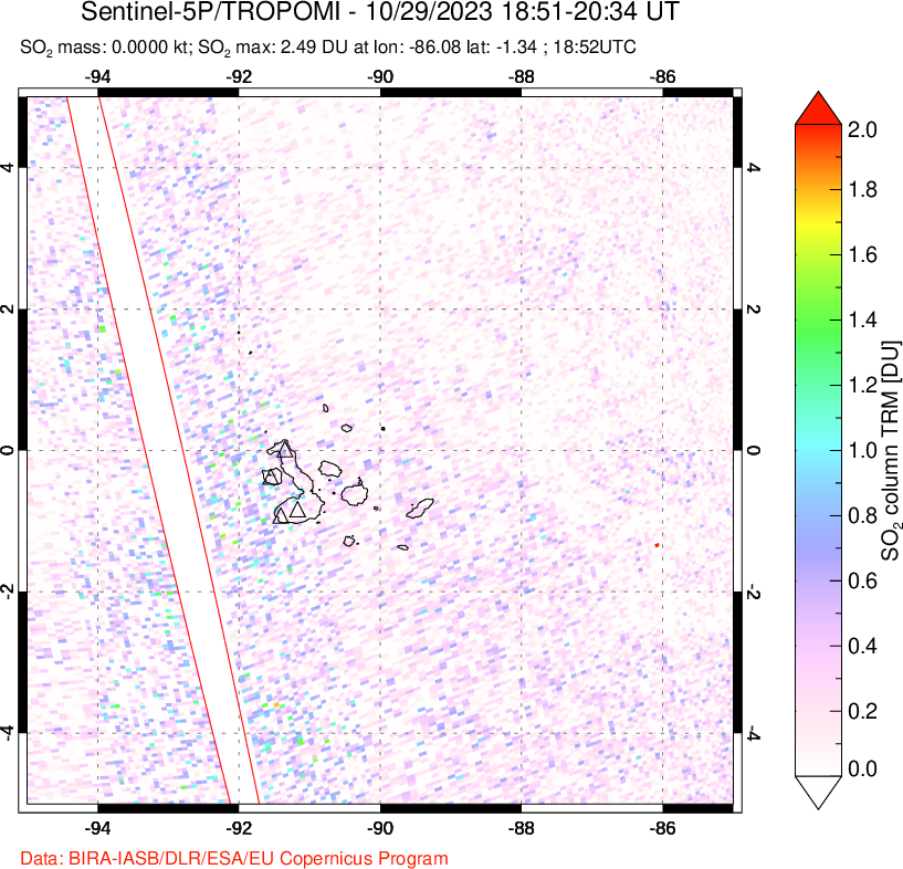 A sulfur dioxide image over Galápagos Islands on Oct 29, 2023.