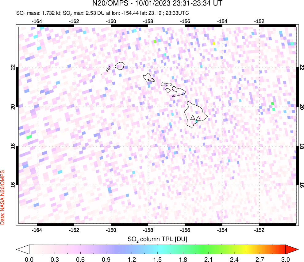 A sulfur dioxide image over Hawaii, USA on Oct 01, 2023.