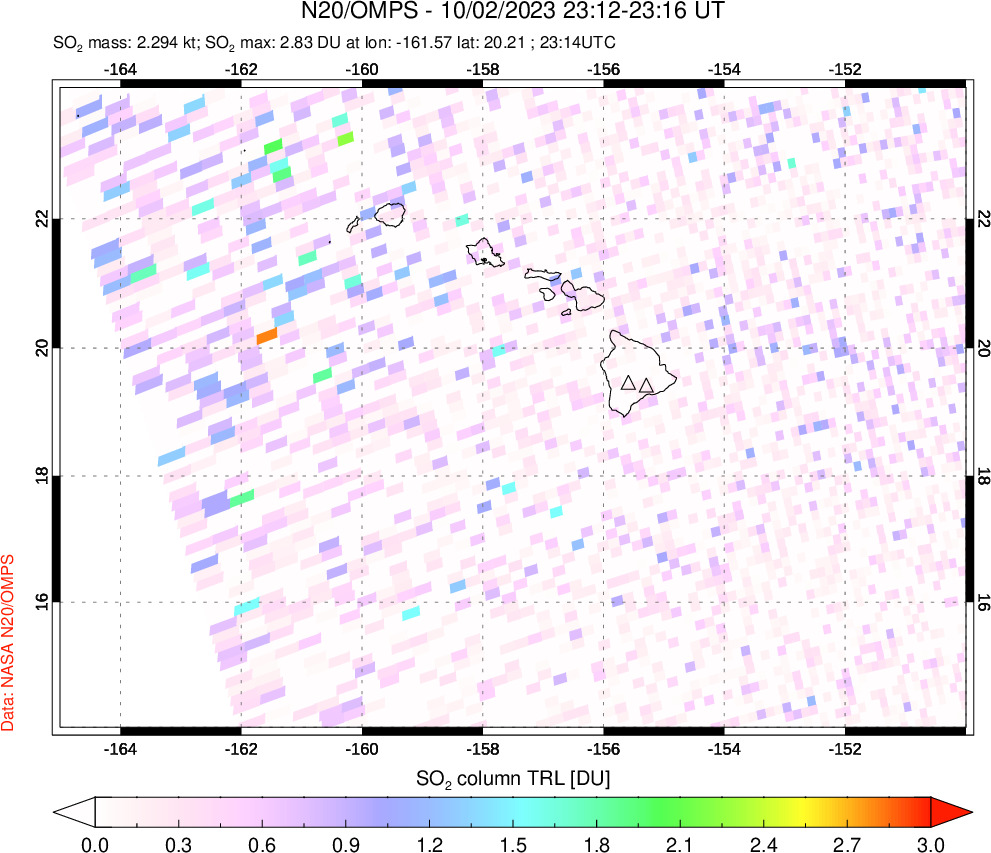 A sulfur dioxide image over Hawaii, USA on Oct 02, 2023.