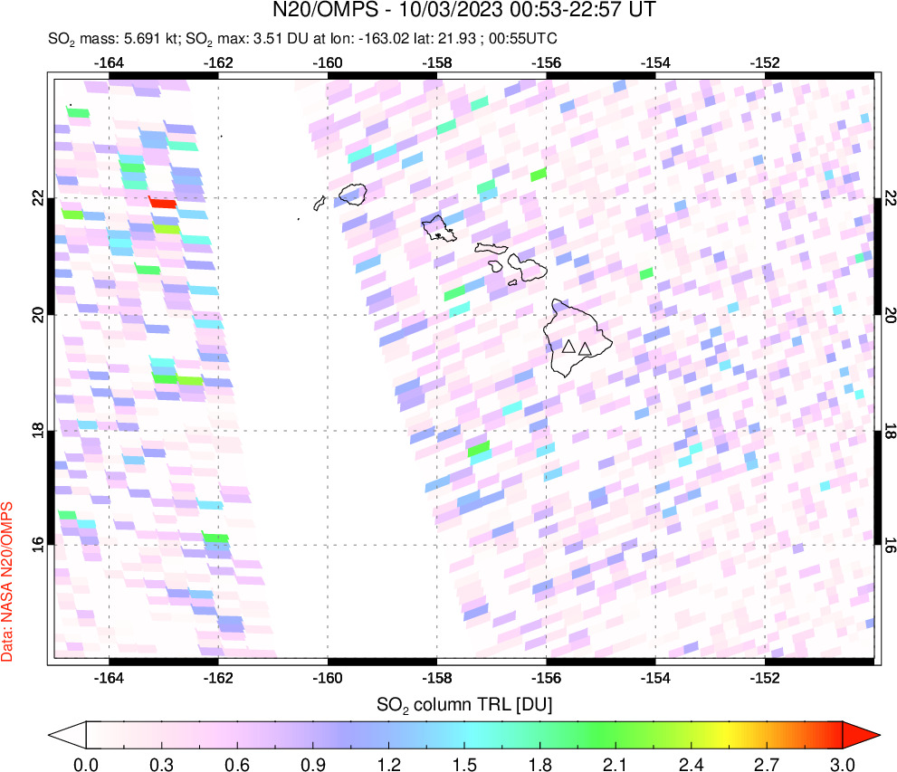 A sulfur dioxide image over Hawaii, USA on Oct 03, 2023.