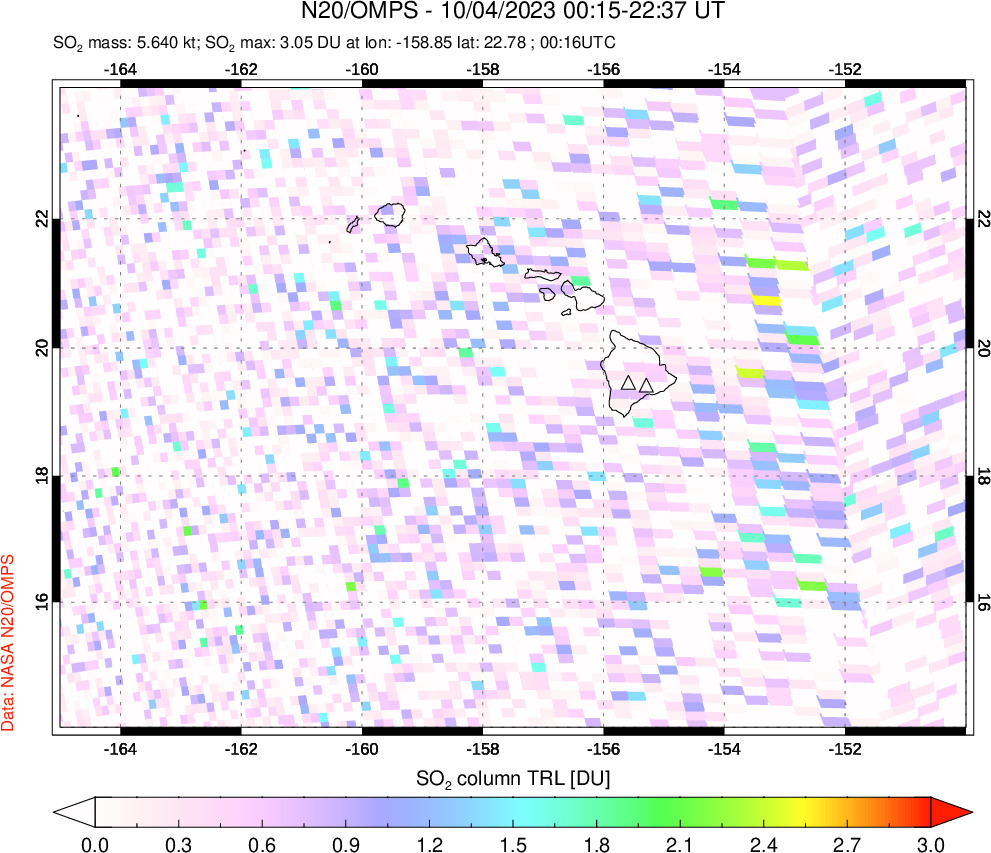 A sulfur dioxide image over Hawaii, USA on Oct 04, 2023.