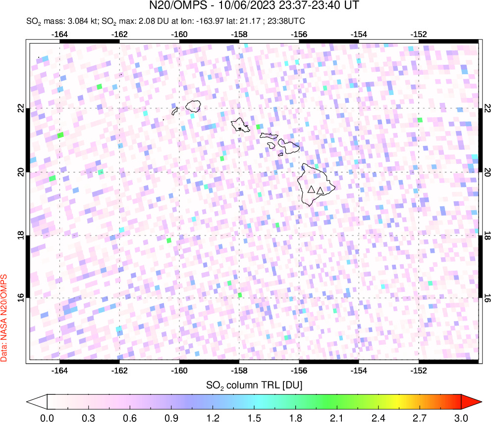 A sulfur dioxide image over Hawaii, USA on Oct 06, 2023.