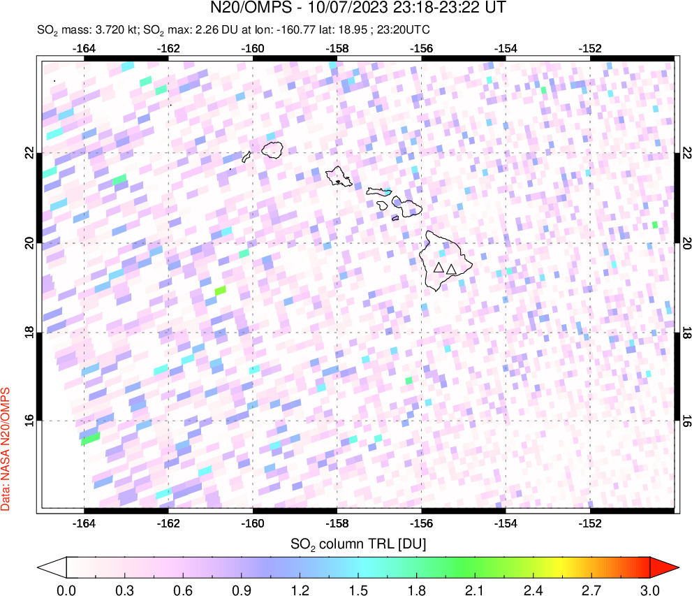 A sulfur dioxide image over Hawaii, USA on Oct 07, 2023.