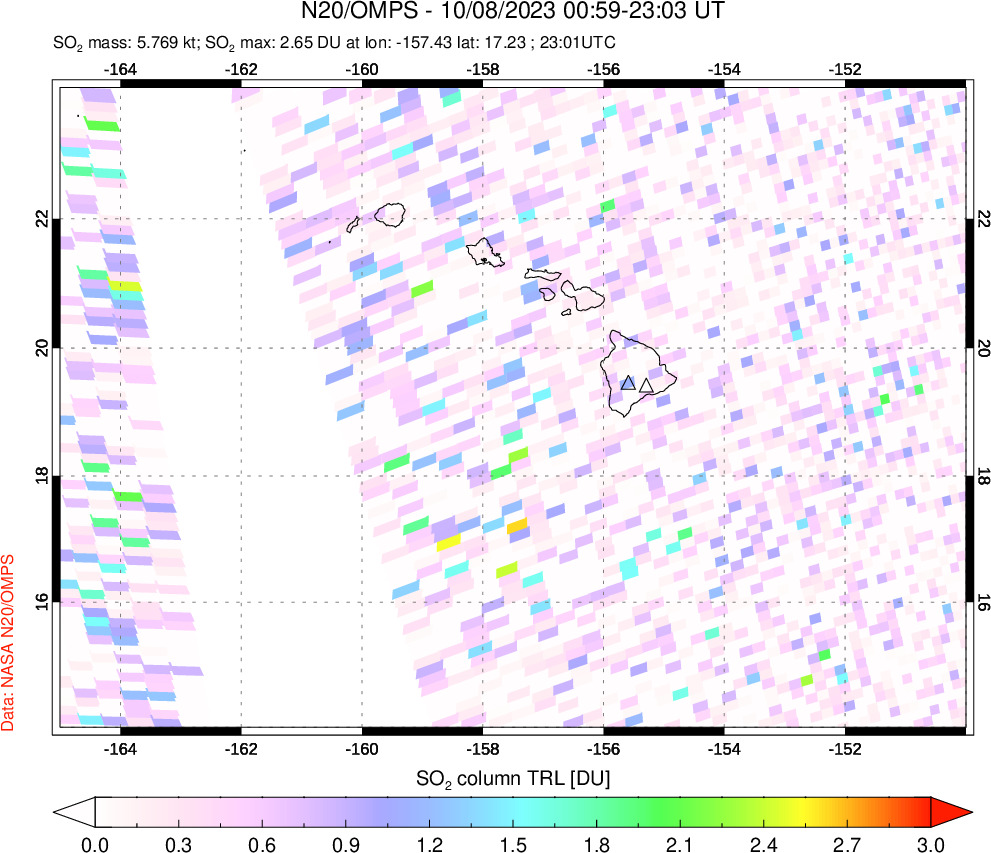 A sulfur dioxide image over Hawaii, USA on Oct 08, 2023.