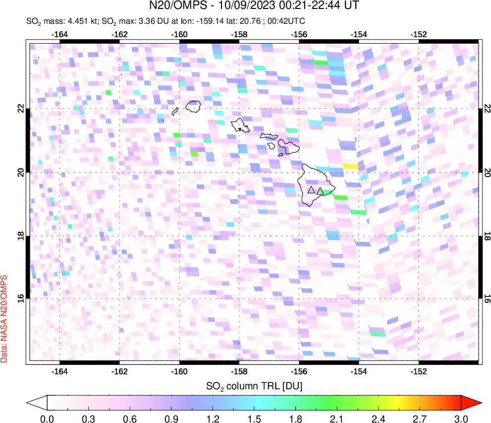 A sulfur dioxide image over Hawaii, USA on Oct 09, 2023.