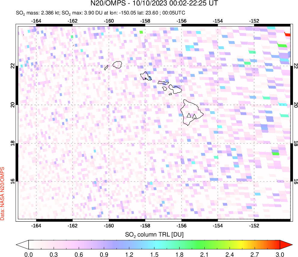 A sulfur dioxide image over Hawaii, USA on Oct 10, 2023.