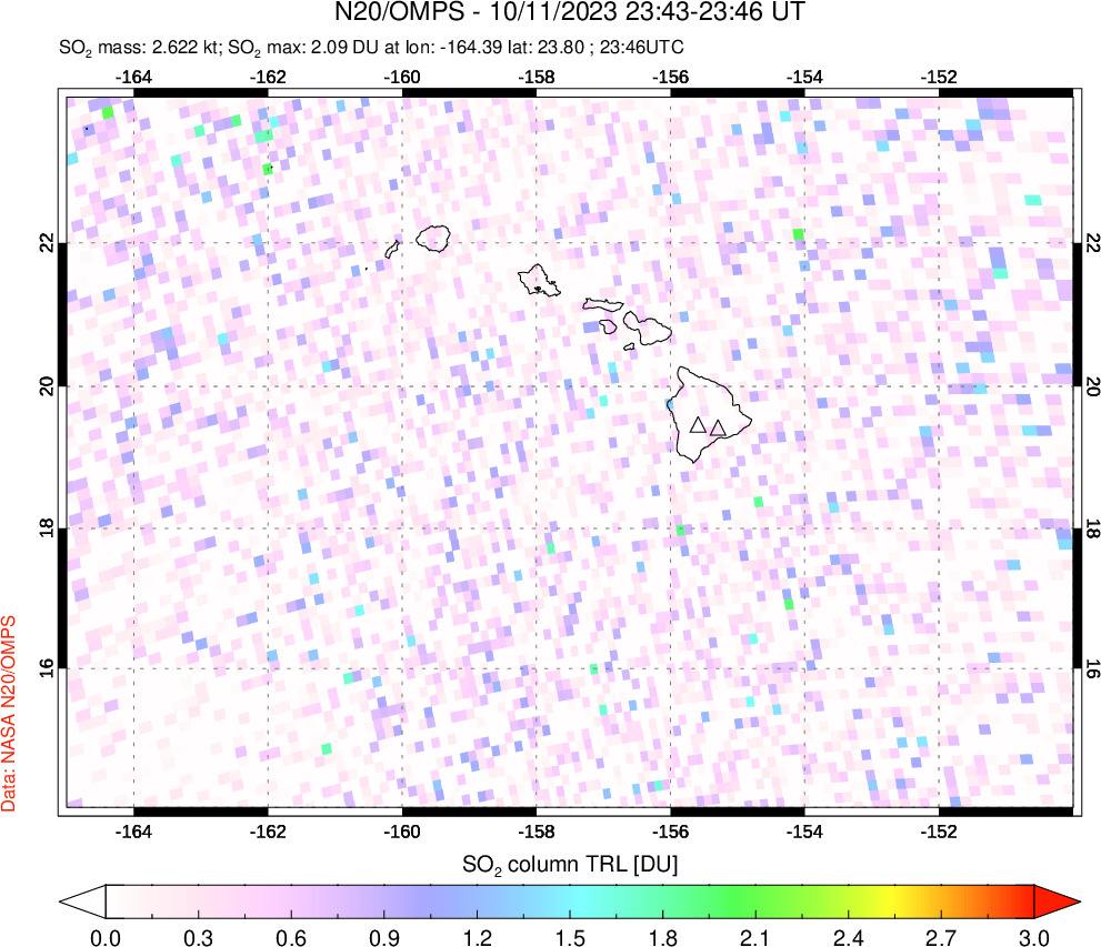 A sulfur dioxide image over Hawaii, USA on Oct 11, 2023.