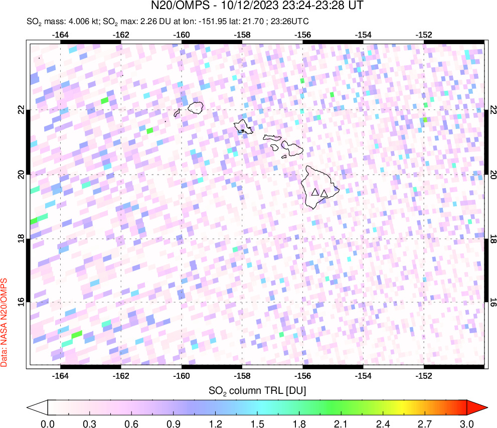 A sulfur dioxide image over Hawaii, USA on Oct 12, 2023.