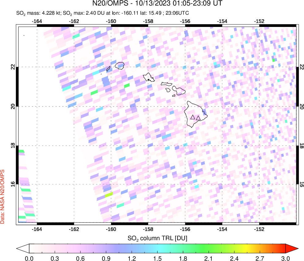 A sulfur dioxide image over Hawaii, USA on Oct 13, 2023.