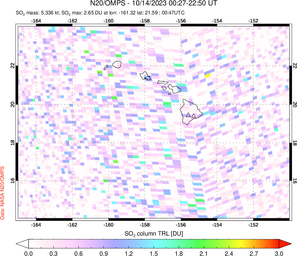 A sulfur dioxide image over Hawaii, USA on Oct 14, 2023.