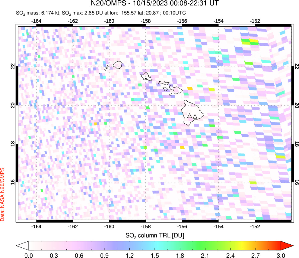 A sulfur dioxide image over Hawaii, USA on Oct 15, 2023.