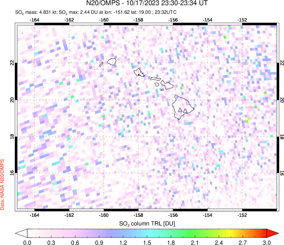 A sulfur dioxide image over Hawaii, USA on Oct 17, 2023.