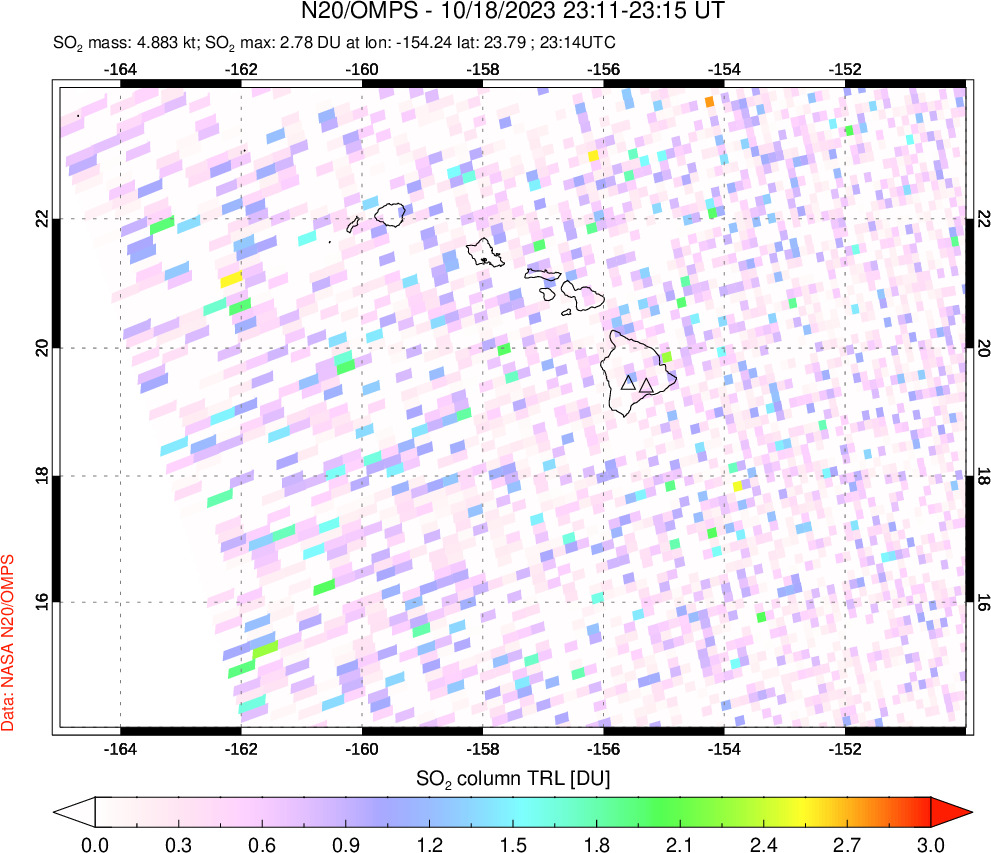 A sulfur dioxide image over Hawaii, USA on Oct 18, 2023.