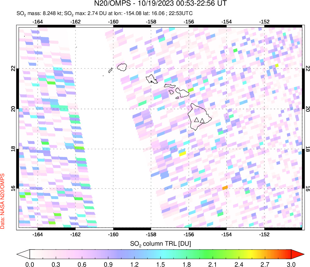 A sulfur dioxide image over Hawaii, USA on Oct 19, 2023.