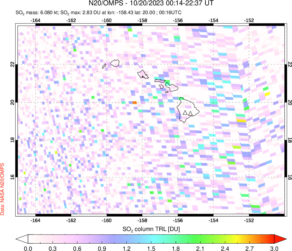 A sulfur dioxide image over Hawaii, USA on Oct 20, 2023.