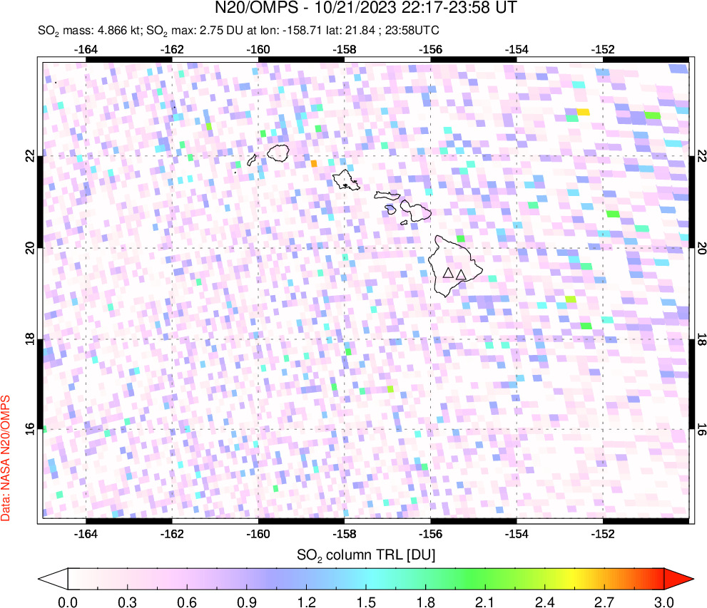 A sulfur dioxide image over Hawaii, USA on Oct 21, 2023.