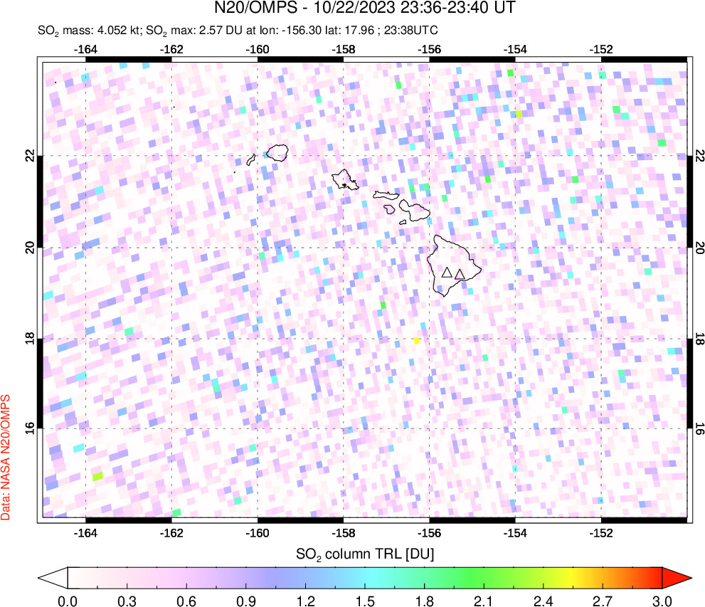 A sulfur dioxide image over Hawaii, USA on Oct 22, 2023.