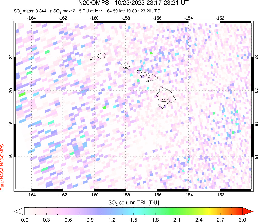 A sulfur dioxide image over Hawaii, USA on Oct 23, 2023.