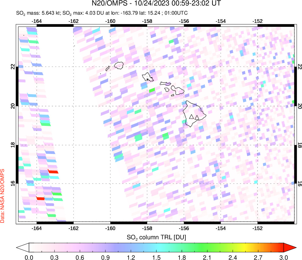 A sulfur dioxide image over Hawaii, USA on Oct 24, 2023.