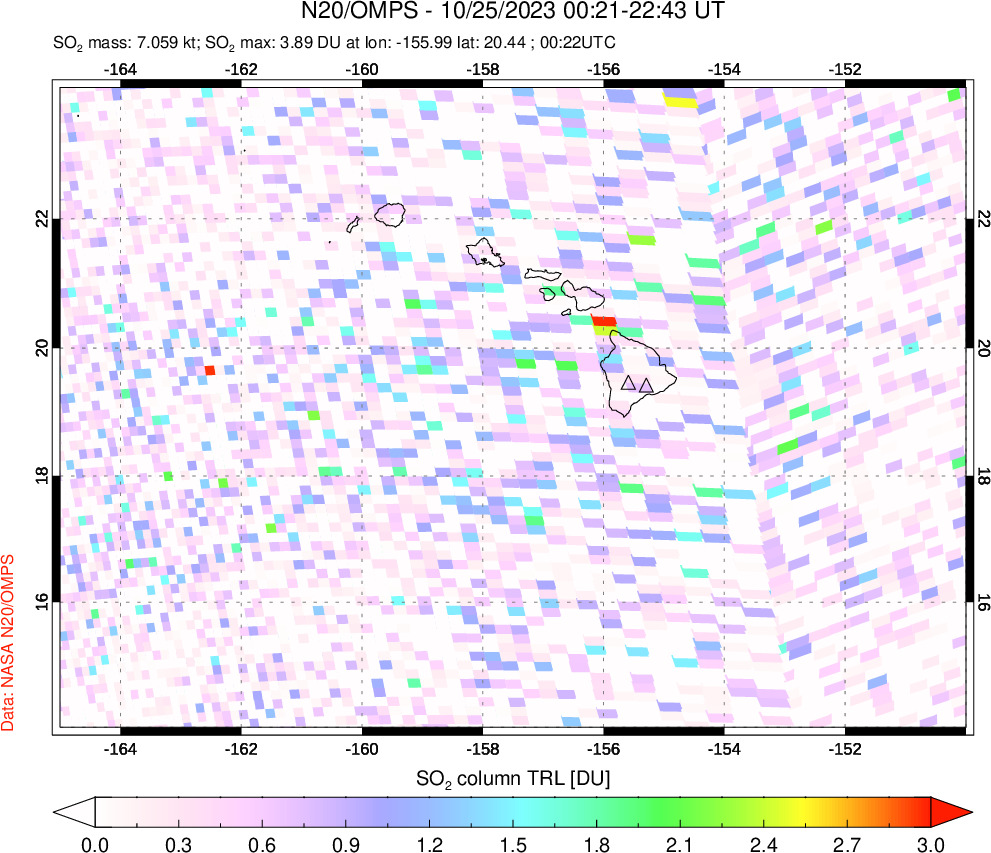 A sulfur dioxide image over Hawaii, USA on Oct 25, 2023.